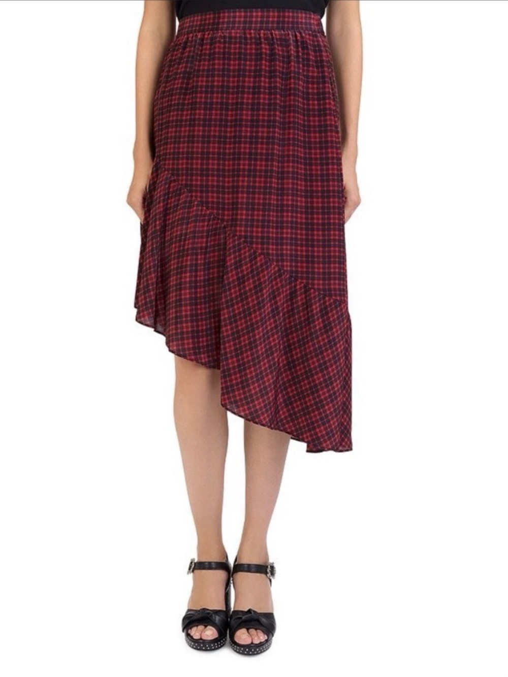 The Kooples Red and Black Plaid Asymmetrical Silk Midi Skirt